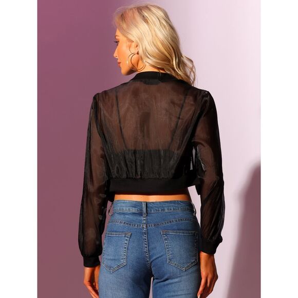 Bomber Jacket Long Sleeve Crop Mesh Sheer Jackets Black - Picture 4 of 6